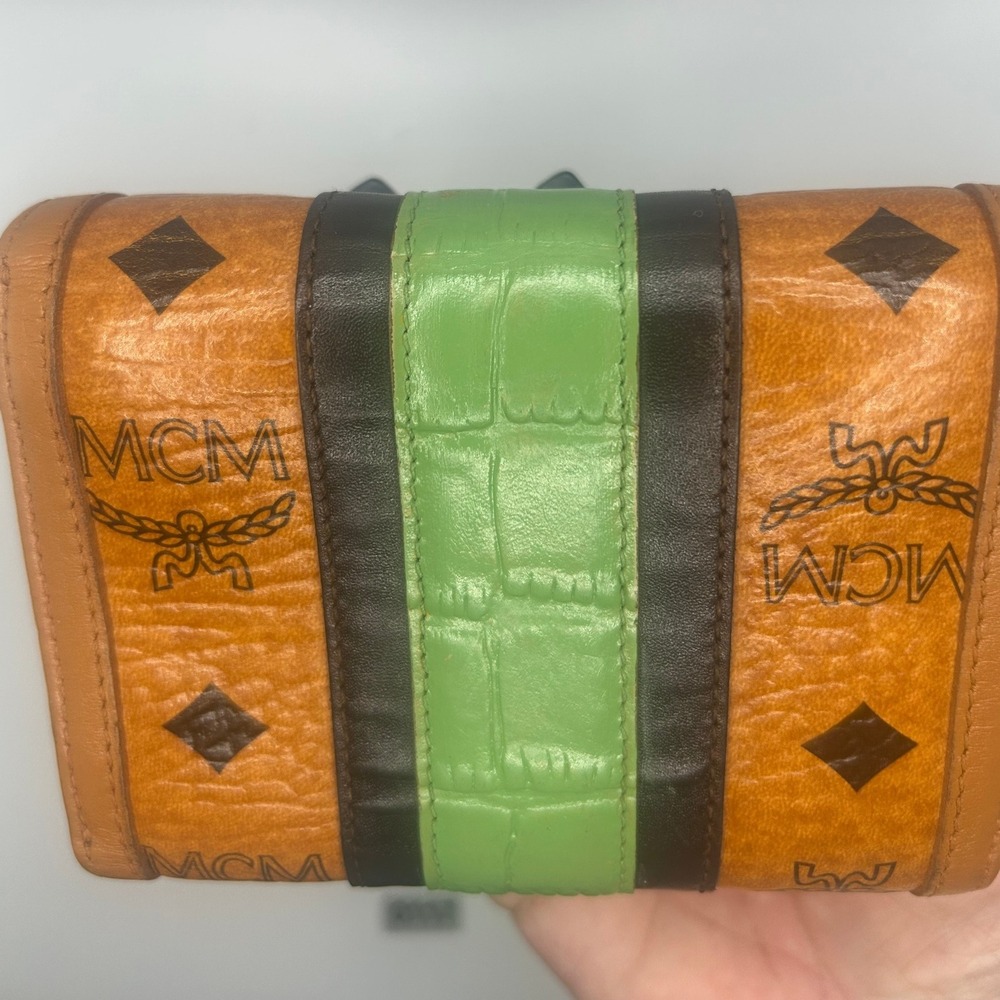 MCM Wallet‎ Trifold Cognac Visetos Leather Green Stripe #117 - Picture 3 of 9